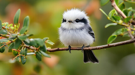 A long-tailed tit, a cute bird with a round, fluffy white head.