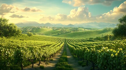 Obraz premium A vast vineyard stretches across rolling hills under a golden sunset, with distant mountains and small village houses visible.