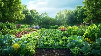 A thriving vegetable garden filled with diverse plants and fresh produce, showcasing organic farming in a sunlit, green environment.