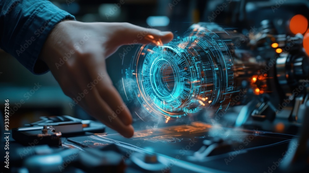 Poster hand interacting with a futuristic holographic interface