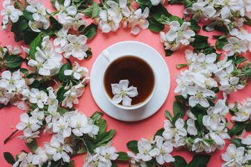 A cup of tea with saucer stands on a pink background surrounded by white flowers of an apple tree. The concept of spring tea and medicinal decoctions. Close up, top view.