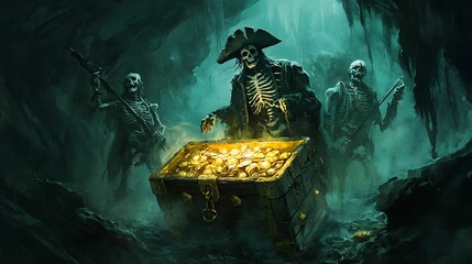 Eerie scene of skeleton pirates protecting a glowing treasure chest in a dark, misty cave, filled with gold coins.