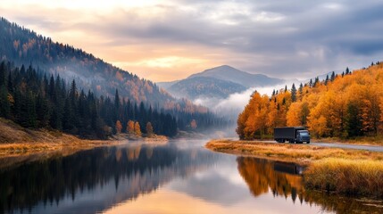 Fototapeta premium Breathtaking autumn landscape featuring colorful trees, calm lake, and mountains under a dramatic cloudy sky at sunrise.