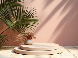 Obraz premium Amazing Podium on sand background display with sunshade and shadow on the background