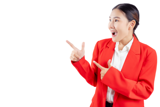 Excited Cheerful business woman points finger with both hands against a white background. The image captures a moment of excitement and positivity, ideal for business, marketing, motivational content.