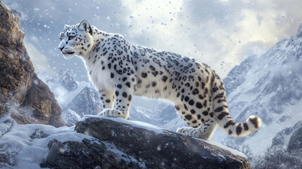 Fototapeta premium Snow leopard on a rocky ledge, surveying a snowy mountain landscape.