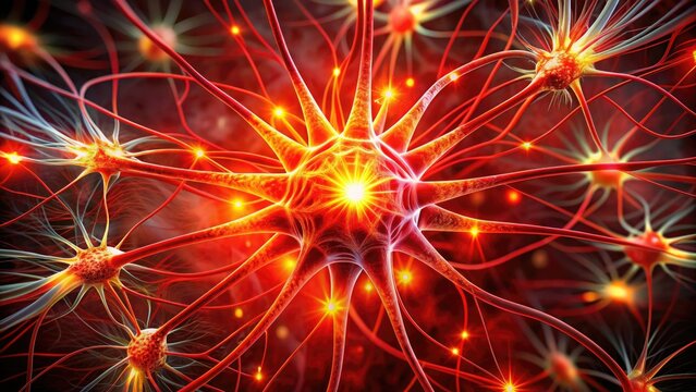 Vibrant red strands of neurons explode from a central axis, resembling a blooming flower, symbolizing the intricacies and beauty of the human brain's neural connections.