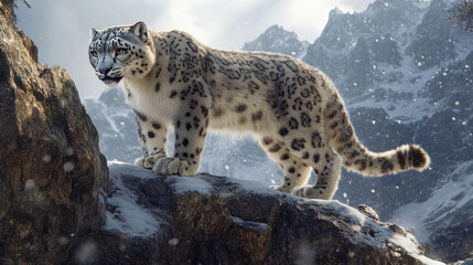 Obraz premium Snow leopard on a rocky ledge, surveying a snowy mountain landscape.