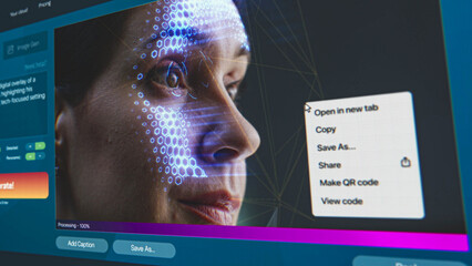 User interface of artificial intelligence video generator. AI chatbot generate detailed high-quality realistic video: Woman face with facial recognition digital grid. Modern text to video technology.