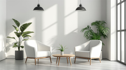A minimalist room with two modern white armchairs, a small table, and indoor plants, all bathed in natural light from large windows, creating a serene and inviting space.
