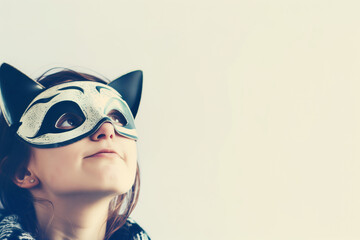 Fototapeta premium Girl in a cat mask, copyspace