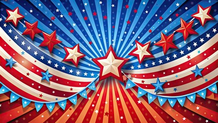 Vibrant red, white, and blue banner with bold stripes and shining stars, symbolizing freedom and patriotism on Independence Day celebrations.