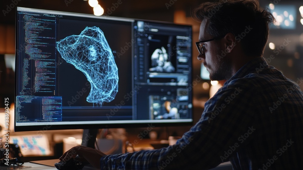 Poster Programmer Working On 3D Model In A Dark Room