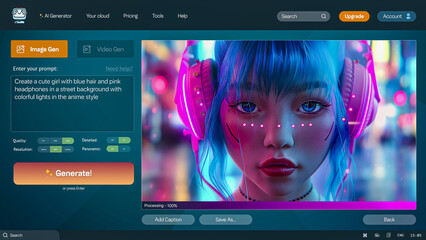 User interface of AI image generator. Artificial intelligence chatbot generate detailed...