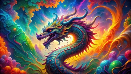 Fototapeta premium Vibrant, scaled dragon silhouette emerges from kaleidoscope of swirling colors and shapes, evoking a sense of mythic power and dynamic, dreamlike energy.