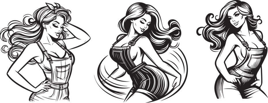 set of pin up girls in overalls vector illustrations in retro style