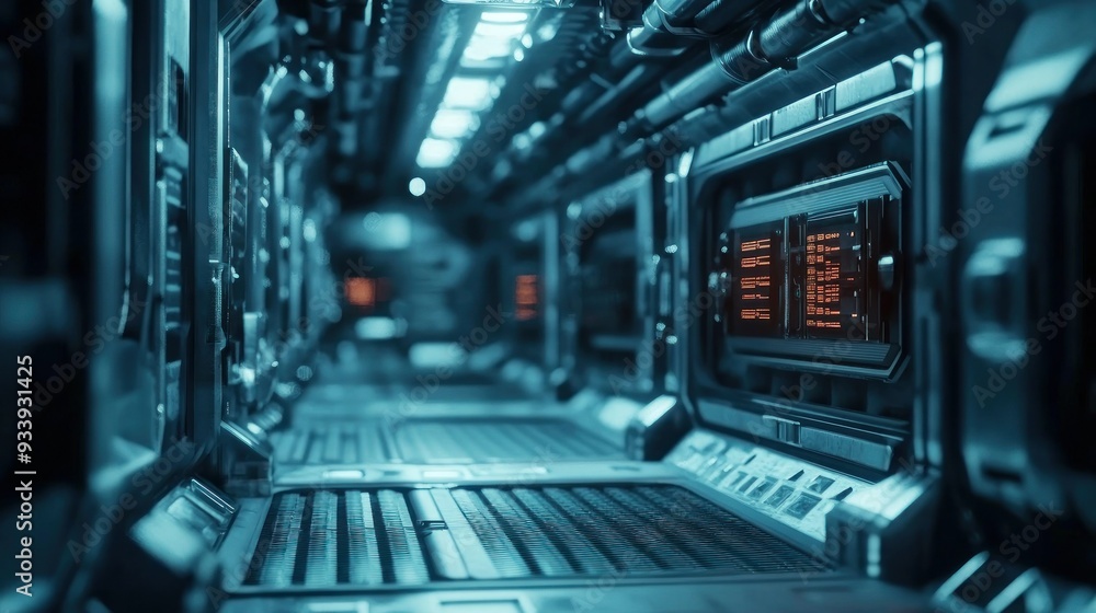 Poster futuristic spaceship corridor with digital display