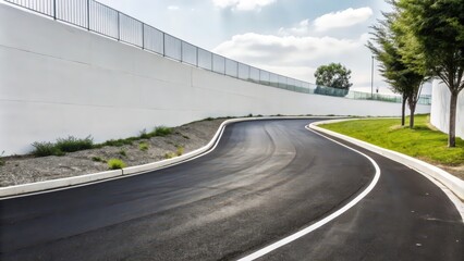 Winding Asphalt Road Beside a White Wall with Green Grass