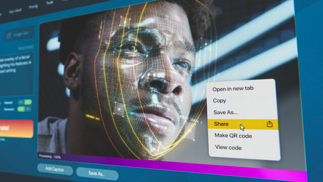 User interface of AI video generator. Artificial intelligence chatbot generate detailed video: Man face with digital facial recognition grid overlay. From text prompt to realistic AI generated video. - Powered by Adobe