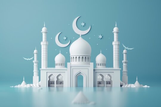 White mosque with crescent moon and stars on a blue background. Suitable for religious and cultural designs, celebrations, and promotions.