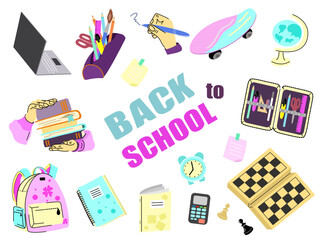 Big set of school supplies and hobbies and outside interests supplies: chess, skateboard in girlish theme. Back to school lettering design. Vector illustration