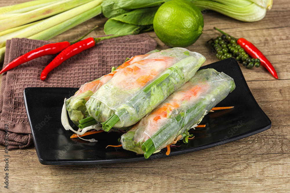 Sticker vietnamese spring roll with prawn and salad