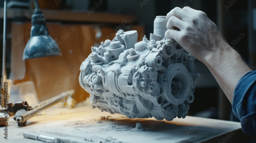 Poster hand removing excess powder from 3d printed engine model