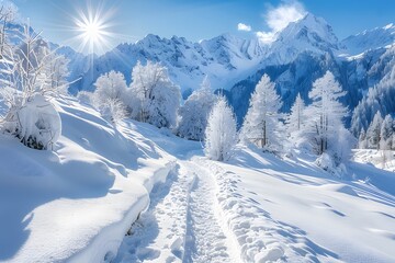 Serene Winter Wonderland: A Snow-Covered Pathway Through Majestic Mountains