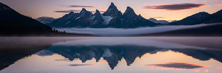 surreal landscape of a mountain range , beautiful reflections from a lake