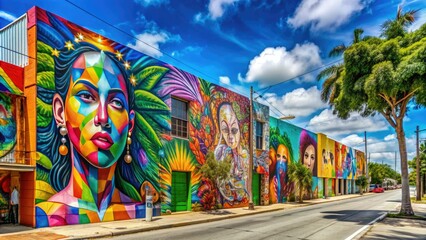 Fototapeta premium Vibrant street art covers buildings in Wynwood, Miami's arts district, showcasing colorful murals, abstract patterns, and quirky graffiti in a lively urban atmosphere.