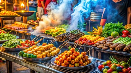 Obraz premium Vibrant street food stall in Bangkok, Thailand, offers sizzling grilled meats, steaming noodles, and fresh tropical fruits, enticing passersby with aromatic flavors.