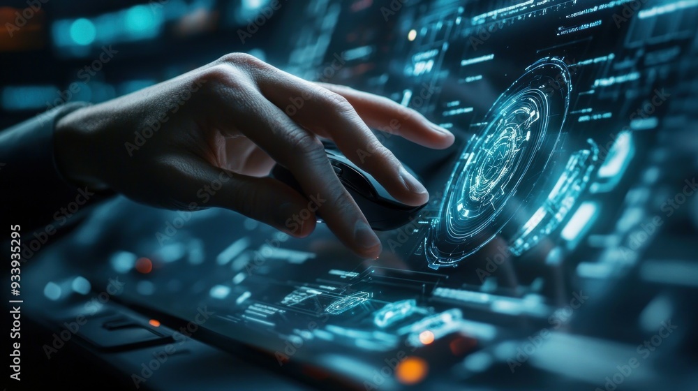 Poster Hand Using Mouse to Interact with Futuristic Interface