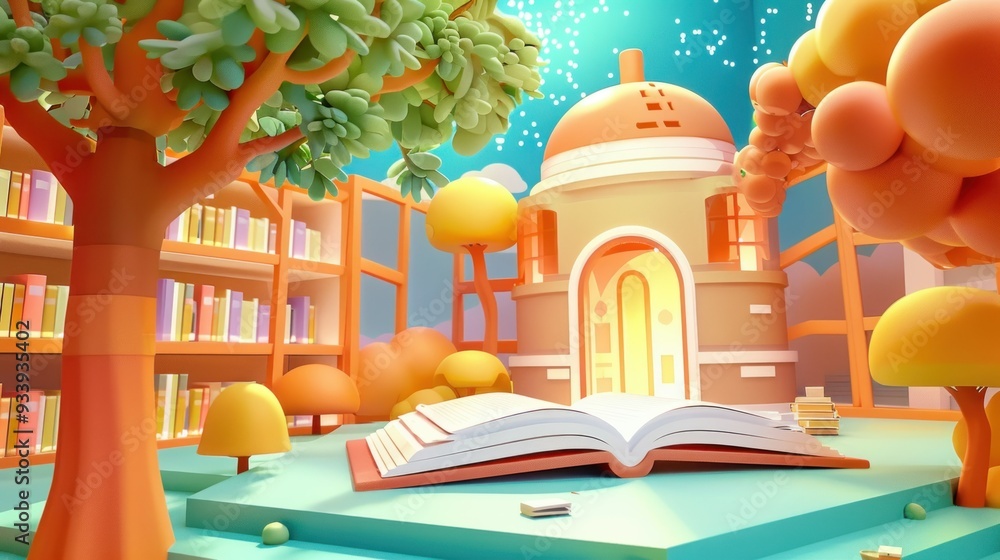 Poster Open Book in a Cartoon Library Setting with Colorful Trees and Bookshelves