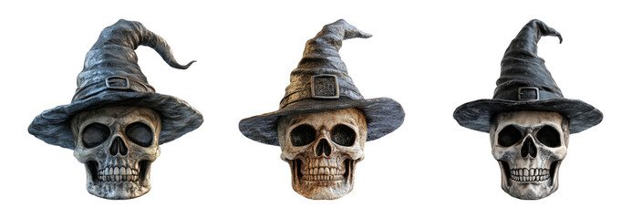 Skull with witch hats in various designs isolated on transparent background