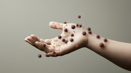 Human hand with virus particles and lesions in a neutral background.
