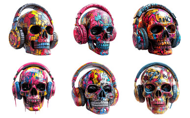 Fototapeta premium Colorful skulls with headphones in various designs isolated on transparent background