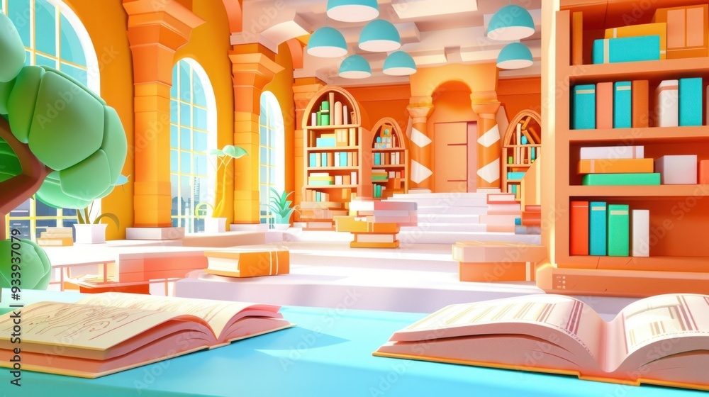 Poster open book on a table in a colorful library