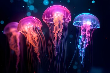 group of glowing jellyfish swimming in the sea