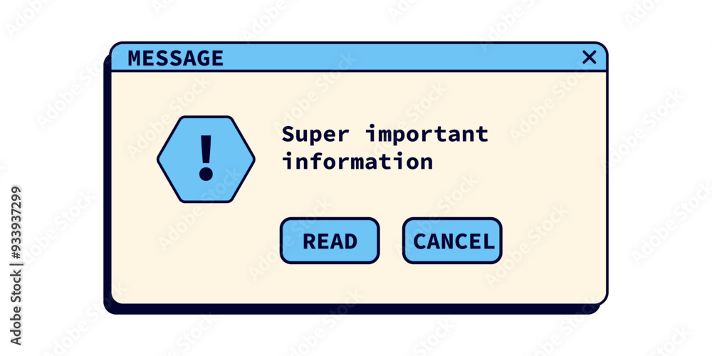 Poster Computer retro message in blue color retro style. Error notification with information.