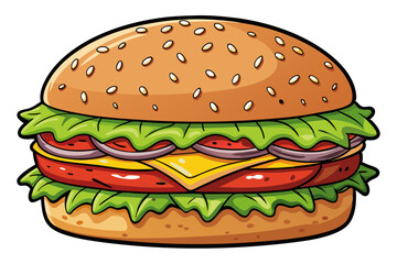 a cartoon-style illustration of a hamburger. It features a sesame seed bun on top and bottom. Inside the burger, there are layers of ingredients including lettuce, tomato slices, onion rings