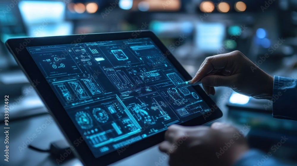 Poster A Person Using A Stylus On A Digital Tablet With Blue User Interface