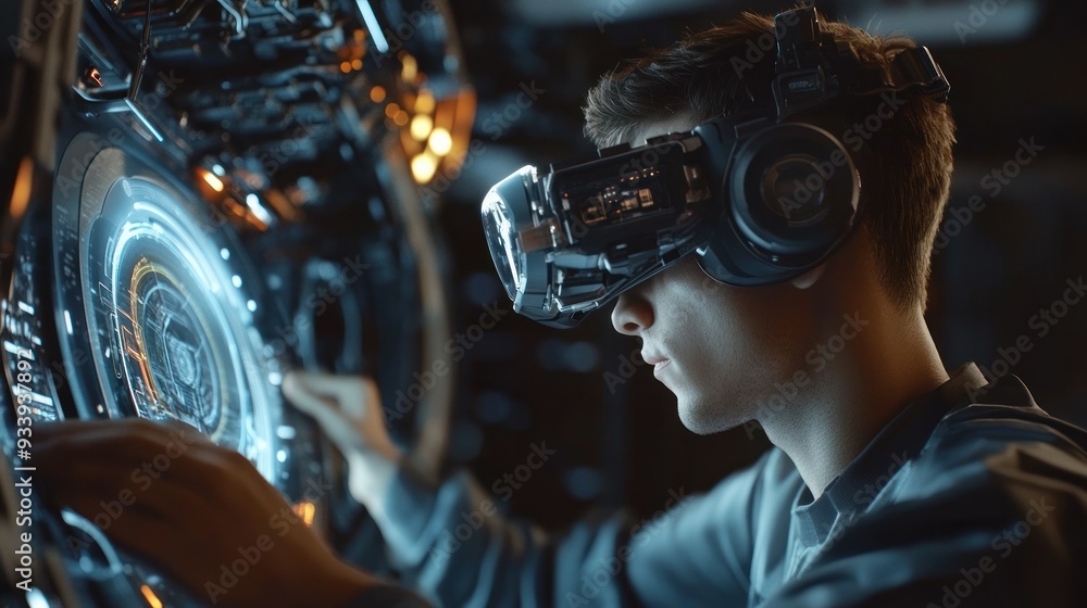 Poster man wearing vr headset interacting with a futuristic interface