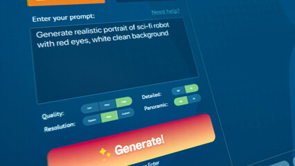 User interface of AI image generator. Artificial intelligence app generate detailed high-quality image: Sci-fi robot realistic portrait. Advanced text to image technology. Futuristic generated photo.