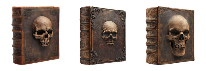 Antique books with skull designs on covers isolated on transparent background