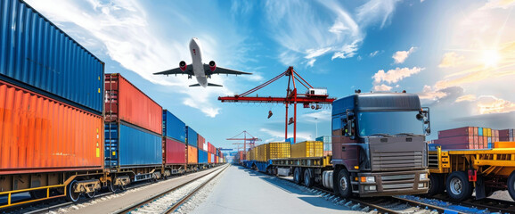 Integrated logistics scene featuring a freight train, truck, and airplane at a busy port, symbolizing global transportation networks Wide web banner.