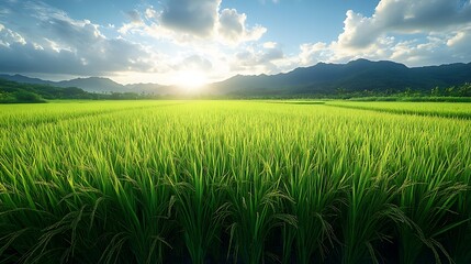 A picturesque view of a lush green rice paddy field with a mountain range in the background as the sun sets creating a vibrant golden glow across the landscape.