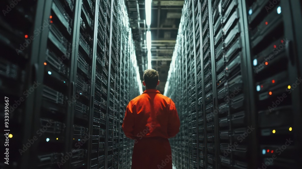 Poster A Person Standing in a Server Room with Rows of Servers