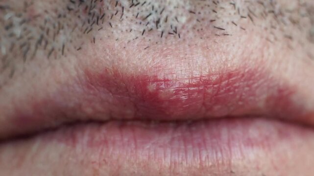 Viral disease herpes on the lip of a man