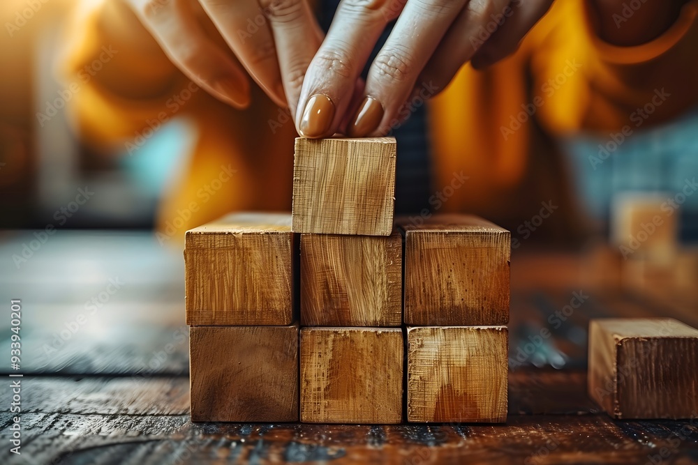 Poster building creativity: a close-up of wooden blocks being stacked