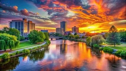 Vibrant sunset over the Kalamazoo River, vibrant hues reflecting off the water, scenic downtown Kalamazoo, Michigan, with greenery-dotted riverbanks and skyline in view.